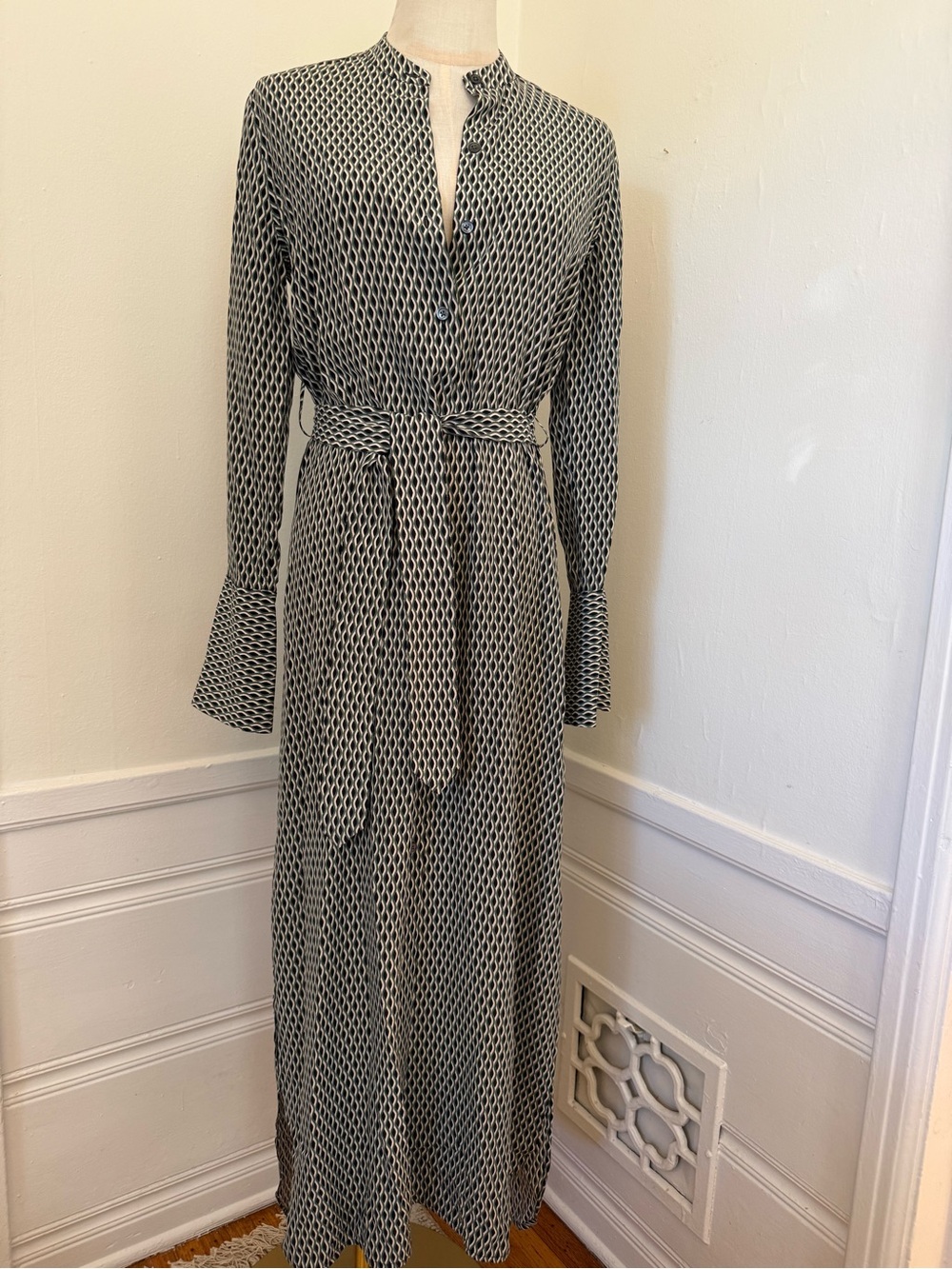 Equipment Femme 100% Silk Geometric Maxi Shirt Dress XXS XS Green Black Belted